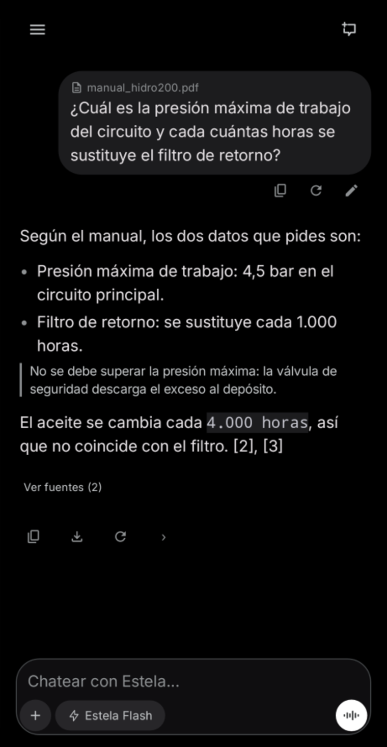 Estela respondiendo a una pregunta sobre un manual en PDF, con las fuentes citadas